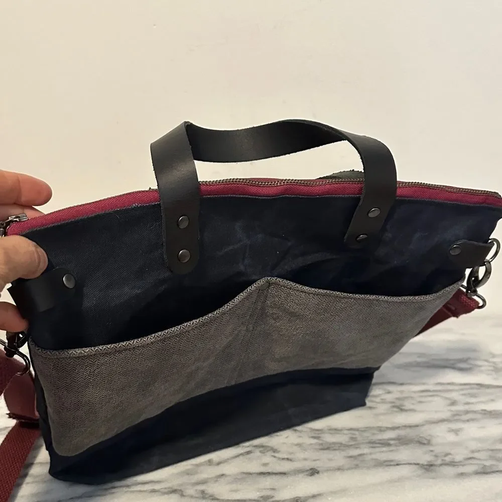 Cat Craine Tote crossbody waxed canvas leather handles zip top